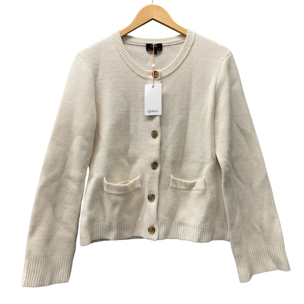 Quince Cardigan Womens M Mongolian Cashmere Structured Cream Ivory Sweater NEW